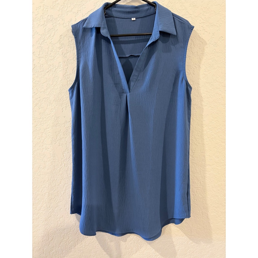 Blue Sleeveless V-Neck Textured Blouse Size L Collared Pleated Dress